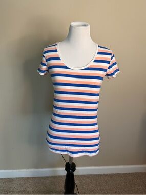 Atmosphere by Primark Striped Scoop Tee in Blue, Peach & White